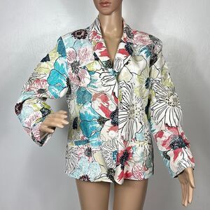 Chico’s Silk Colorful Floral Embroidery Blazer Jacket Size 12
